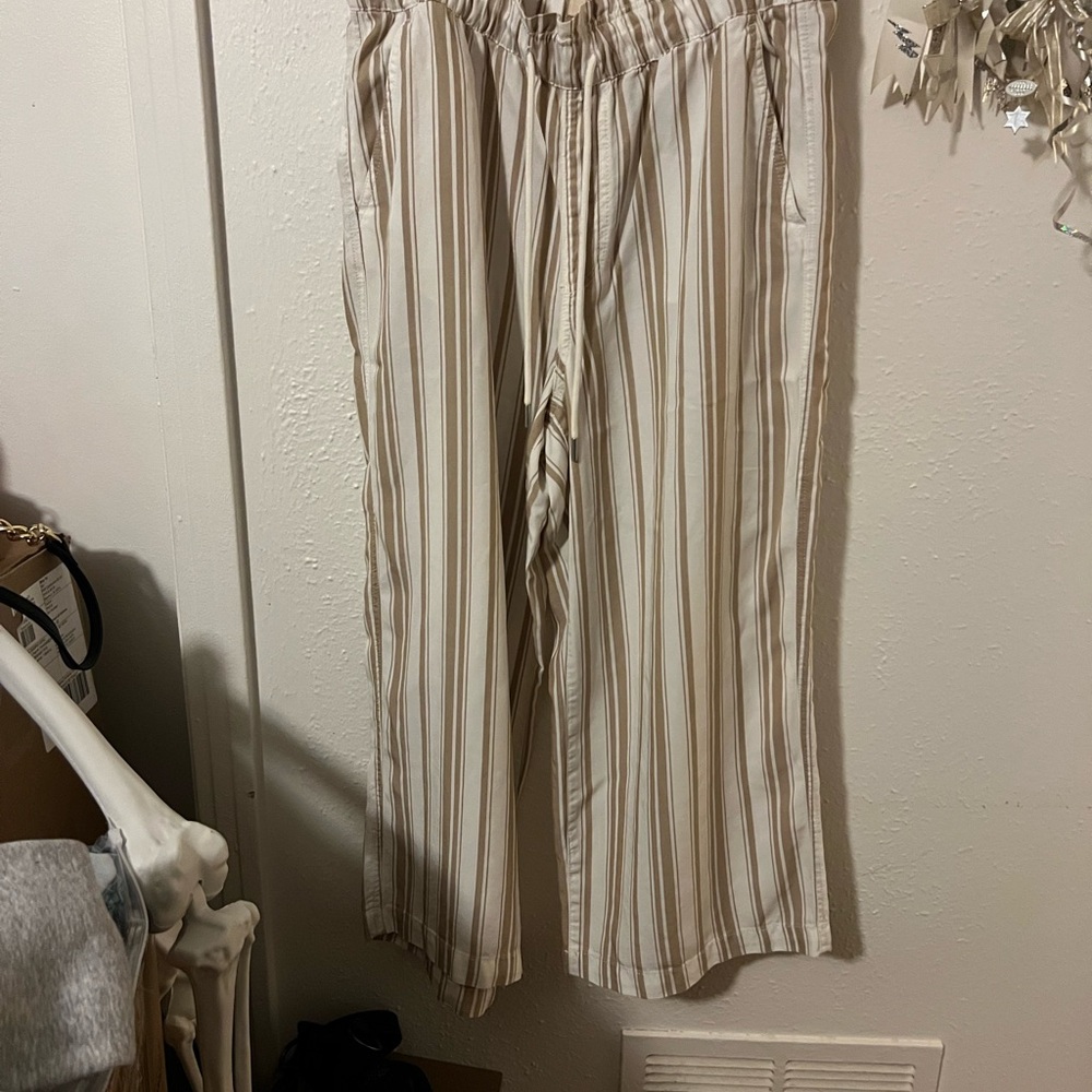 LOFT Cream and Brown Striped Wide Leg Pants